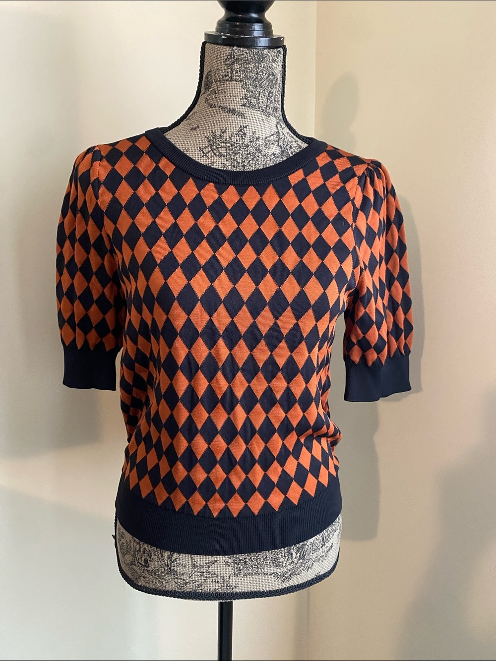 Philosophy Navy and Orange Harlequin Crewneck Sweater